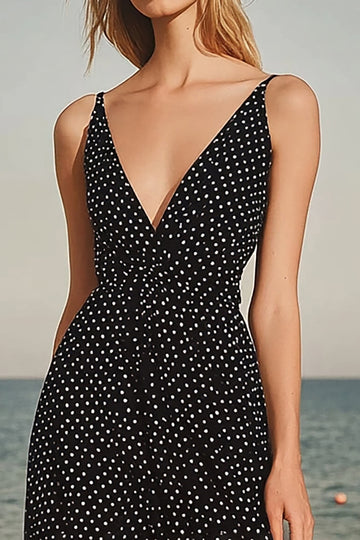 Black White Polka Dots Chiffon V Neck A Line Boho Maxi Dress